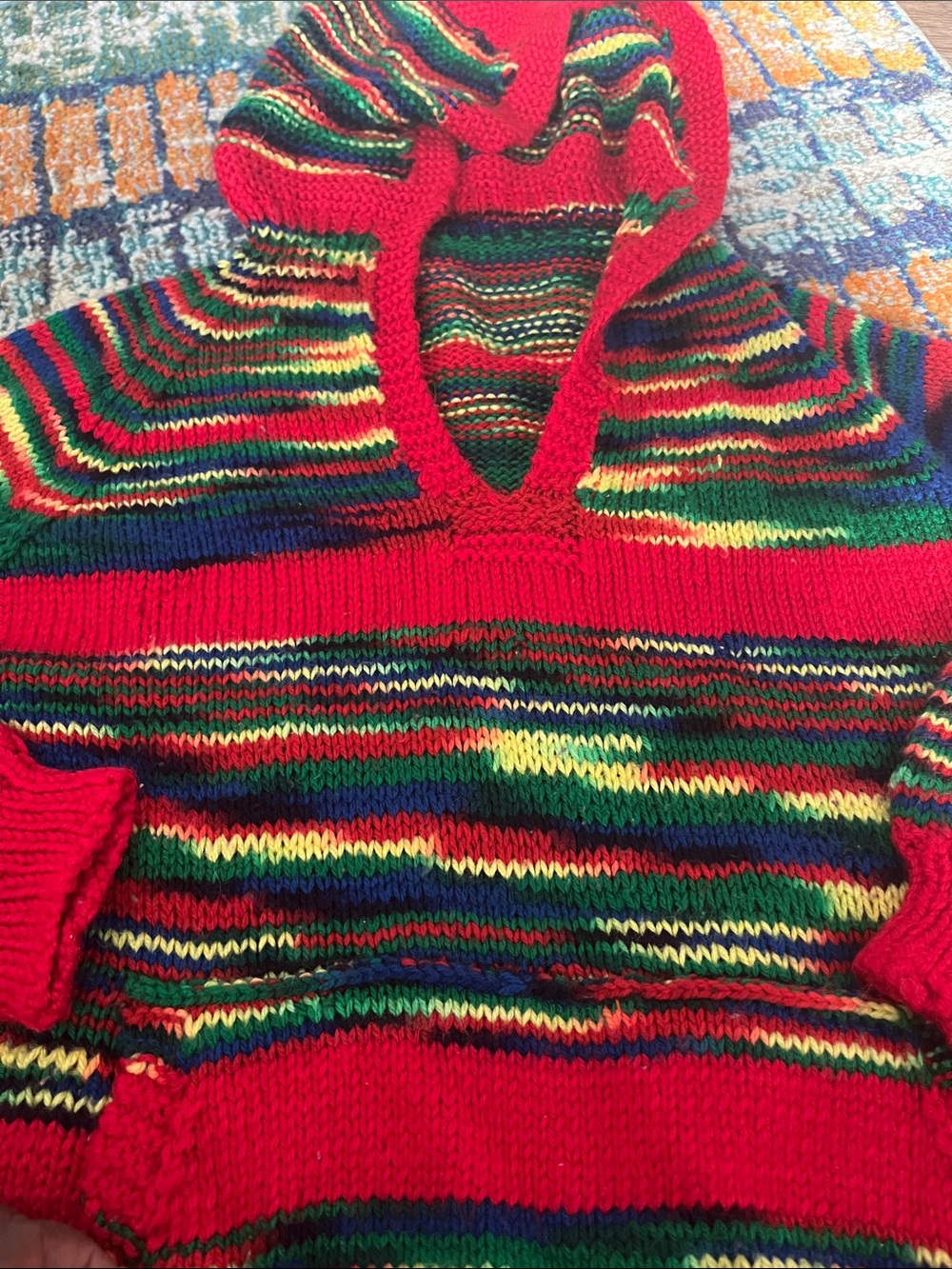 Unisex crocheted Red Multicolor Striped Hooded Sweater sz medium - Picture 4 of 4